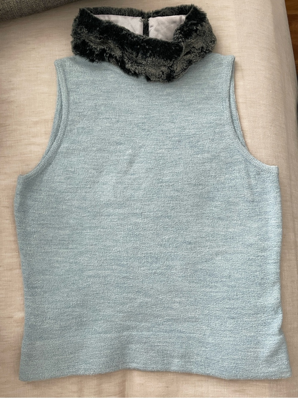 Y2K Vintage Bebe Blue Sleeveless Sweater Faux Fur Removable Collar M